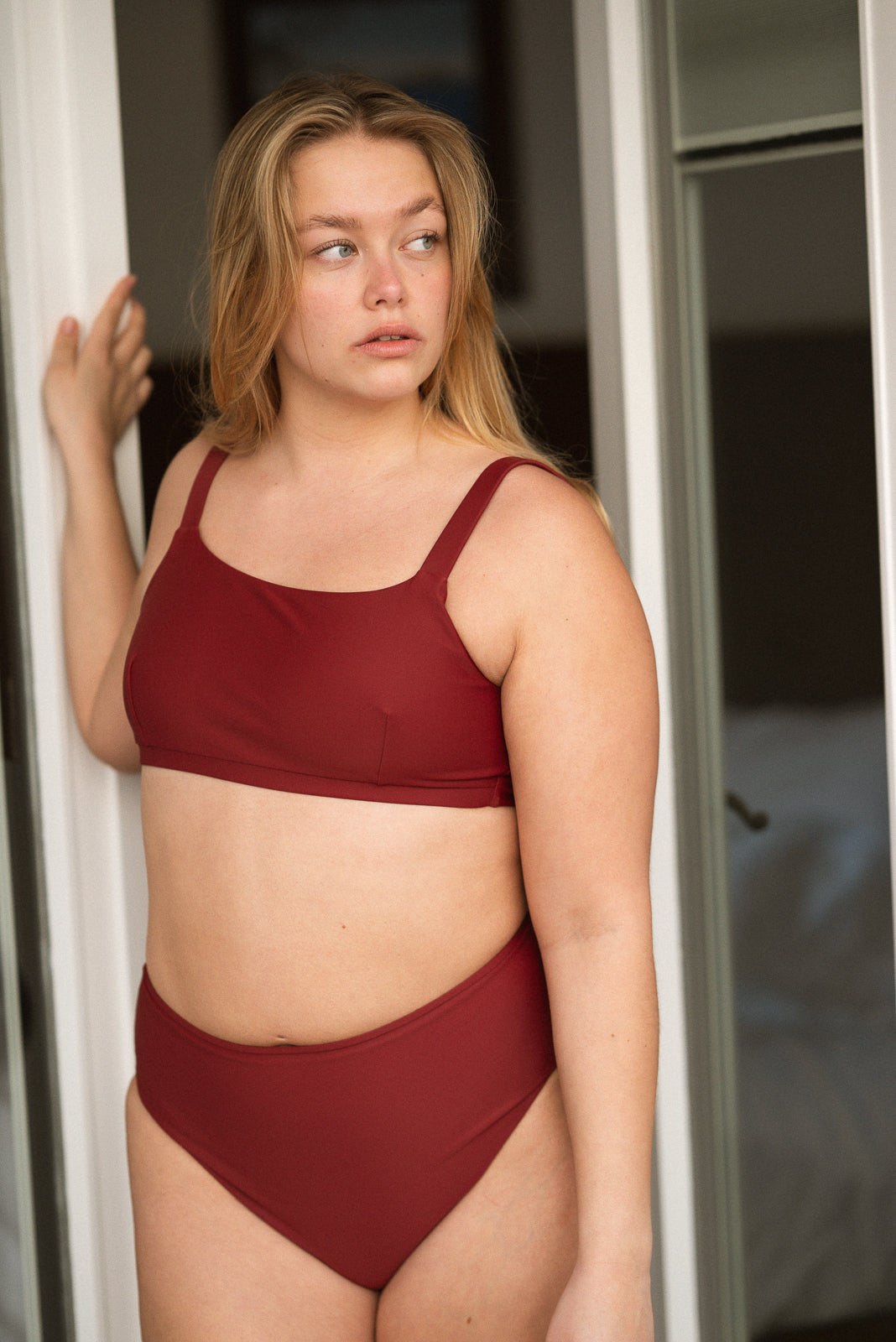 Bordeaux midi bottoms by Lilja the Label, paired with matching bra top.