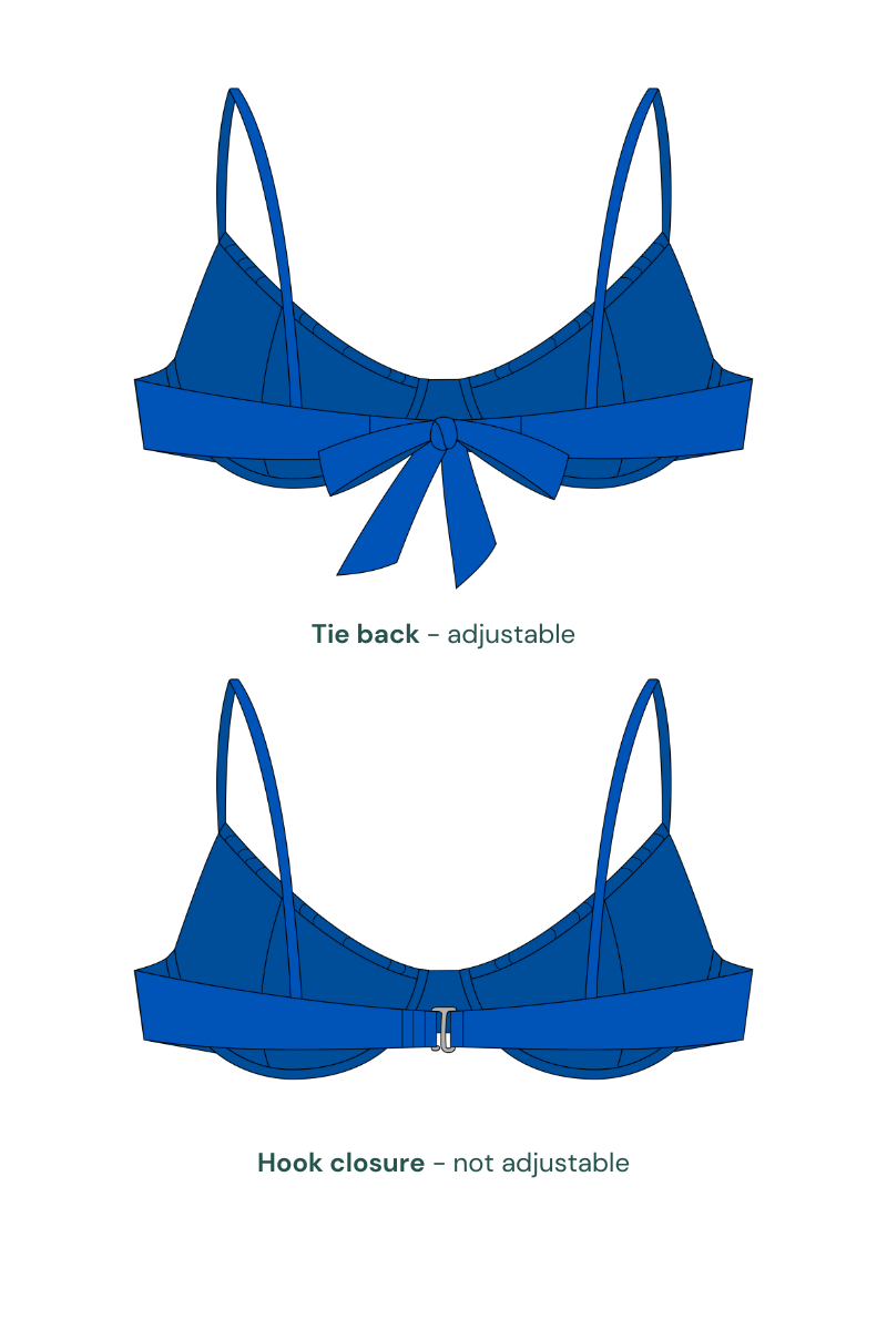 Blue swimsuit top by Lilja the Label with adjustable tie back and hook closure.