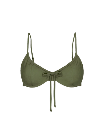Olive green drawstring top with front bow and thin straps, front view, solid color, smooth texture