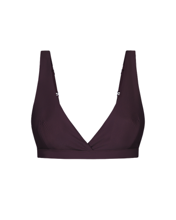 Plum plunge top with deep V-neckline and textured fabric, front view, solid color, smooth finish