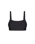 Black crop top with wide shoulder straps and smooth stretch fabric, front view, minimalist design