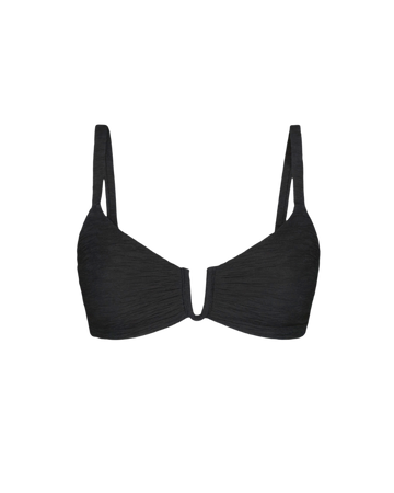 Black textured wave arc top with thin straps and deep V-front, front view