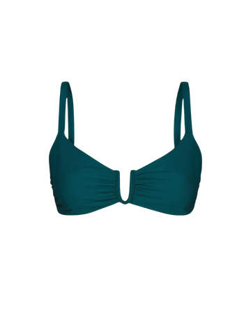Teal underwire bikini top with ruched detailing and thin straps, front view