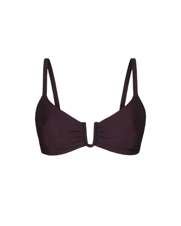 Plum-colored underwire bikini top with gathered center and thin straps, front view, smooth fabric texture