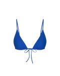 Royal blue triangle bikini top with adjustable ties and thin straps, front view
