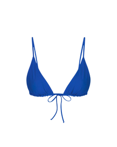 Royal blue triangle bikini top with adjustable ties and thin straps, front view
