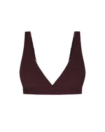 Deep burgundy ribbed plunge top with wide shoulder straps and elastic band, front view.