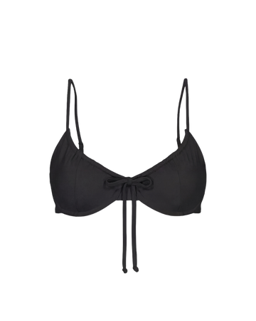 Black drawstring top with front bow detail and thin straps, front view, solid color, smooth fabric