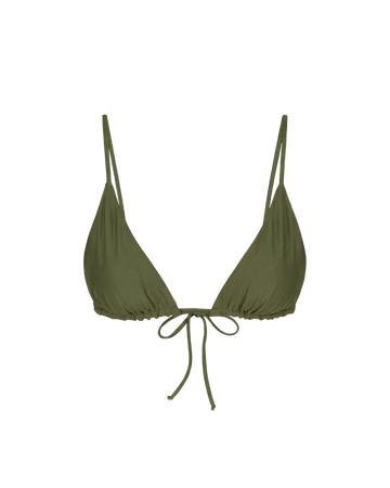 Olive green triangle bikini top with adjustable straps and front tie, front view, solid color, smooth fabric
