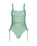 Green and yellow striped ruched one-piece swimsuit with side ties, front view