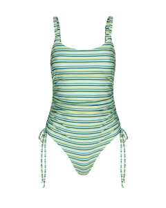 Green and yellow striped ruched one-piece swimsuit with side ties, front view