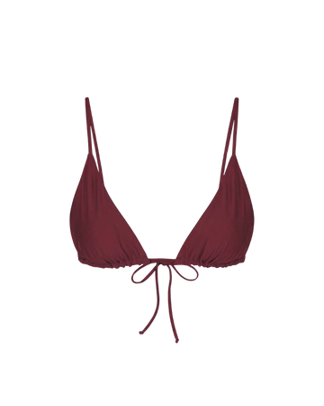Bordeaux red triangle bikini top with adjustable ties and ruched detailing, front view