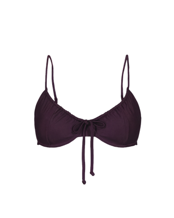 Plum drawstring top with thin straps and front tie, featuring gathered fabric and a cropped fit, shown front view.