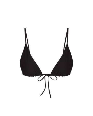 Black triangle bikini top with adjustable straps and front tie, front view, solid color, smooth fabric