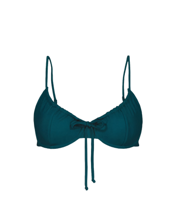 Teal drawstring bikini top with front tie and thin straps, front view, solid color, smooth fabric