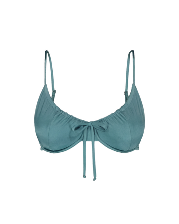 Teal drawstring bikini top with front tie and adjustable straps, front view