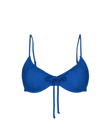 Royal blue drawstring bikini top with front bow and thin straps, front view