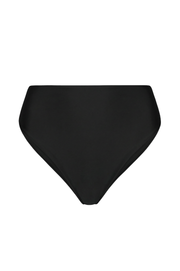 Black high-waisted midi bottoms with smooth matte finish, front view, solid color, minimal design
