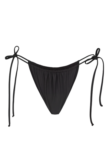 Black tie-side bikini bottom with adjustable strings and elastic waistband, front view