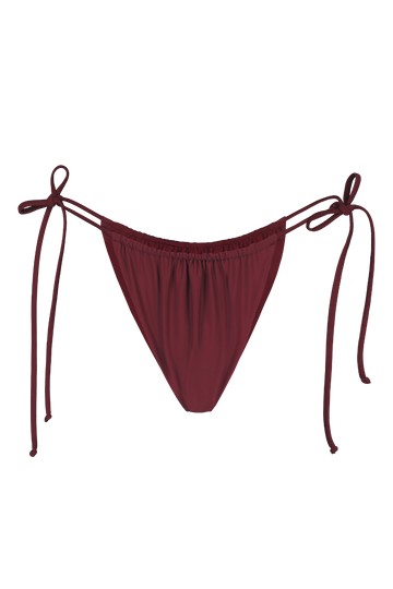 Bordeaux tie-side bikini bottoms with adjustable strings and elastic waistband, front view