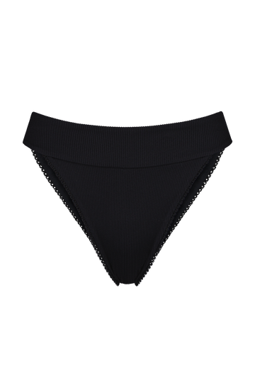 Black ribbed bikini bottom with scalloped lace trim, front view, Chloe Bottoms by Chloe