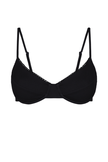 Black ribbed triangle top with thin straps and scalloped edges, front view