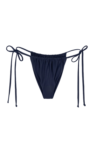 Indigo tie-side bikini bottoms with adjustable strings and elastic waistband, front view