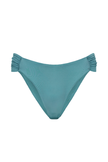Teal gathered bikini bottoms with ruched side detailing, front view, smooth textured fabric