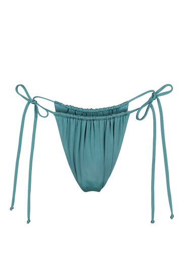 Teal tie-side bikini bottoms with elastic waistband and adjustable strings, front view