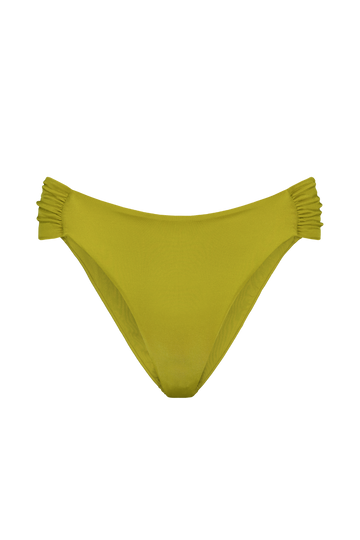 Lime green bikini bottoms with gathered side ruffles, front view, smooth stretch fabric, minimal design