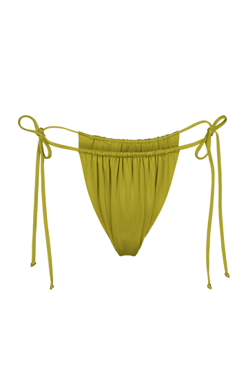 Lime green tie-side bikini bottoms with adjustable strings and ruched waistband, front view
