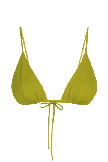 Lime green triangle bikini top with adjustable ties and ruched cups, front view