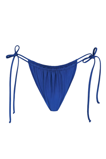 Royal blue tie-side bikini bottoms with adjustable strings and elastic waistband, front view