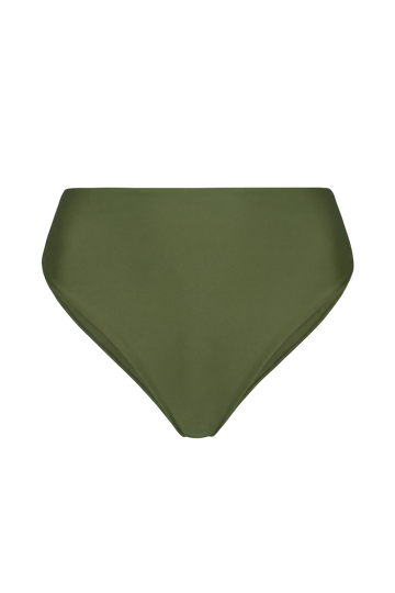 Olive green high-waisted midi bottoms with smooth fabric, front view, solid color, minimalist design
