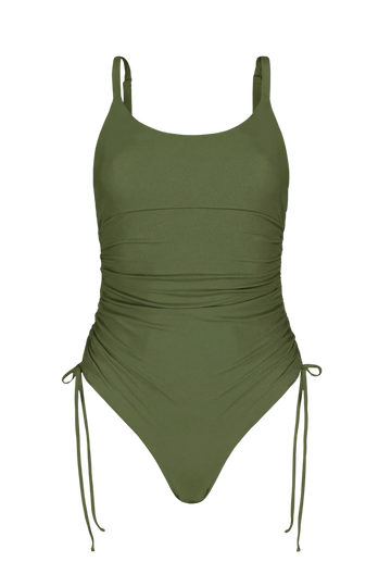 Olive green ruched one-piece swimsuit with side ties, front view, smooth stretch fabric, adjustable straps