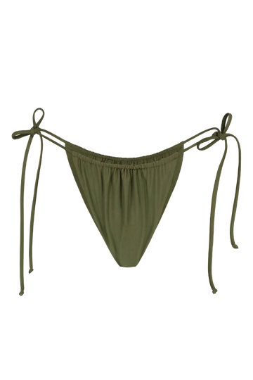 Olive green tie-side bikini bottom with elastic waistband and adjustable strings, front view