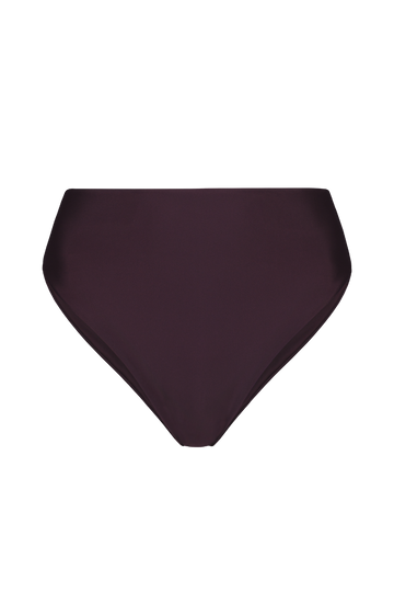 Plum high-leg bikini bottoms with smooth matte fabric, front view, solid color, minimal design