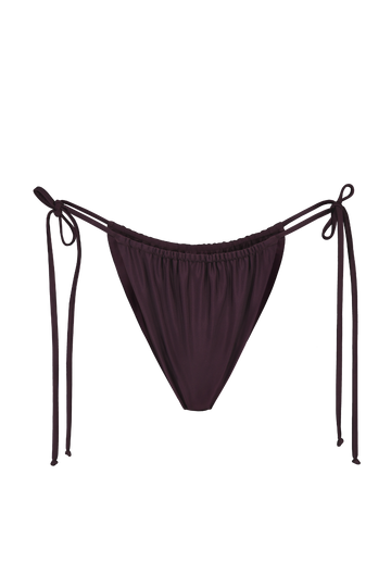 Plum tie-bottom bikini briefs with adjustable side strings and ruched waistband, front view