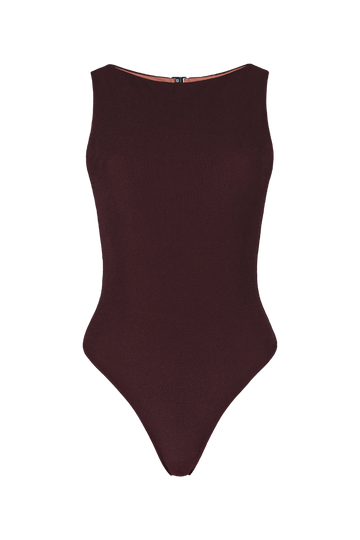 Sienna boatneck one-piece in deep burgundy ribbed knit, back view with zipper closure and high-cut leg line