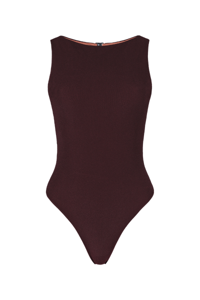 Brown Textured High-Neck Swimsuit - Sienna Boatneck | Lilja the Label
