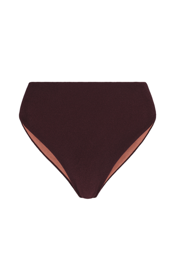 Dark brown high-leg bikini bottoms with textured fabric and terracotta lining, front view.