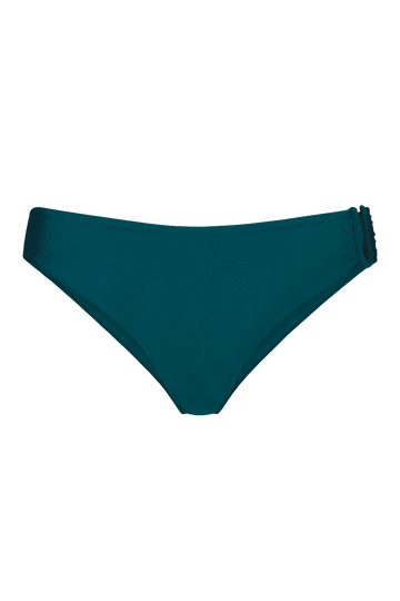 Teal ribbed bikini bottom with side ruching, front view, solid color, textured fabric