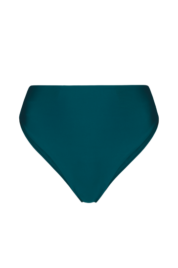 Teal high-leg bikini bottoms with smooth fabric, front view, solid color, minimalist design