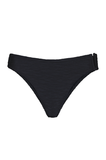 Black textured bikini bottom with wave-like crinkle pattern, front view, minimal design